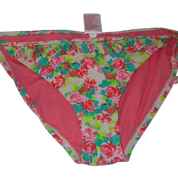 Xhilaration Swimsuit Bikni Thong Bottom Size‎ Petite PS Pink Floral Ruffle Waist - Picture 1 of 4